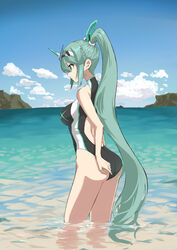  absurdres alternate_costume aotsuba ass breasts female green_eyes green_hair highres large_breasts long_hair ocean one-piece_swimsuit outdoors pneuma_(xenoblade) ponytail solo swept_bangs swimsuit tiara very_long_hair water xenoblade_chronicles_(series) xenoblade_chronicles_2 