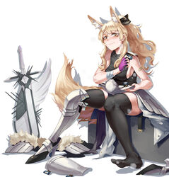  absurdres alternate_costume animal_ears arknights armor bandages black_thighhighs blemishine_(arknights) blonde_hair blush breasts chinese_commentary commentary_request cy9 extra_ears female fingerless_gloves full_body gloves highres horse_ears horse_girl horse_tail long_hair looking_at_viewer medium_breasts ponytail sideboob simple_background sitting sleeveless smile solo sword tail thighhighs unworn_armor weapon white_background yellow_eyes 