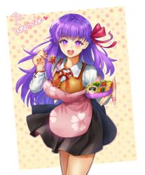  absurdres apron bandaid bento black_skirt breasts brown_vest chopsticks commentary fate/stay_night fate_(series) female floral_print food hair_ribbon heart heart_print highres holding holding_chopsticks laon long_hair long_sleeves looking_at_viewer matou_sakura open_mouth pink_apron purple_eyes purple_hair red_ribbon ribbon shirt skirt smile solo symbol-only_commentary vest white_shirt 