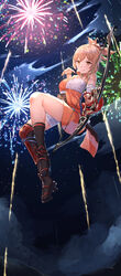  :q aerial_fireworks asymmetrical_legwear bandaged_arm bandages bare_shoulders black_footwear black_socks black_thighhighs blonde_hair blush bow_(weapon) brown_eyes chahei closed_mouth cloud collarbone commentary_request female fireworks genshin_impact hadanugi_dousa hand_up highres holding holding_bow_(weapon) holding_weapon japanese_clothes kimono looking_at_viewer night night_sky off_shoulder orange_kimono outdoors rust_(genshin_impact) sarashi single_sock single_thighhigh sky smile socks solo thighhighs tongue tongue_out v-shaped_eyebrows weapon yoimiya_(genshin_impact) 