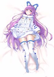  animal_ears azur_lane blue_eyes blush boots coat dress fake_animal_ears female full_body fur_trim hair_ornament hair_ribbon highres long_hair long_sleeves looking_at_viewer lying on_back open_mouth purple_hair ribbon solo sorbitol sweater tashkent_(azur_lane) thigh_boots thighhighs very_long_hair white_coat white_thighhighs 