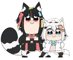  2girls :3 animal_ear_fluff animal_ears arms_behind_back bailingxiao_jiu bell beret bkub_(style) black_bow black_footwear black_hair black_legwear blue_bow blue_eyes blue_hair blush bow braid brown_sweater closed_mouth commentary fox_ears fox_girl fox_hair_ornament fox_tail glasses hair_ornament hairbow hairclip hat jacket jingle_bell leaf leaf_on_head multicolored_hair multiple_girls open_clothes open_jacket original pince-nez pink_bow pink_hair poptepipic poptepipic_pose raccoon_ears raccoon_girl raccoon_tail red-framed_eyewear red_eyes shoes short_hair simple_background standing streaked_hair striped_tail sweater symbol-only_commentary tail thighhighs white_background white_hair white_headwear white_jacket white_legwear 