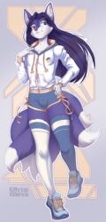  2020 5_fingers anthro black_hair blue_eyes bottomwear bulge canid canine clothing digital_media_(artwork) english_text eyebrows eyelashes femboy fingers footwear fox fur hair hi_res hoodie jacket katerezonate legwear long_hair looking_at_viewer male mammal miko_(snowweaver) multi_tail purple_body purple_fur ribbons shaded shoes shorts signature smile solo tail text thigh_highs topwear 