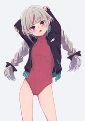  arms_behind_head arms_up bare_hips black_ribbon blush braid commentary_request covered_navel cowboy_shot female flat_chest grey_hair hair_ribbon heattech_leotard highleg highleg_leotard highres jacket leotard long_hair long_sleeves looking_at_viewer makaino_ririmu meme_attire multicolored_hair nijisanji open_clothes open_jacket open_mouth pointy_ears red_eyes red_hair red_leotard ribbon sabamen simple_background skin_tight solo streaked_hair sweater triangle_mouth turtleneck turtleneck_sweater twin_braids uniqlo virtual_youtuber 