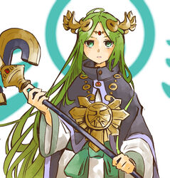  aqua_eyes circlet cloak closed_mouth facing_viewer female frown green_hair holding holding_staff jewelry kid_icarus long_hair long_sleeves necklace nishikuromori palutena parted_bangs purple_cloak simple_background solo staff straight_hair very_long_hair white_background wide_sleeves 