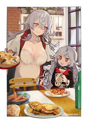  2girls azur_lane black_flower bottle bowl bra bra_peek breasts cape chair cleavage coat commentary_request cross crossed_bangs cup drinking_glass dual_persona flower food fur-trimmed_cape fur-trimmed_coat fur_trim graf_zeppelin_(azur_lane) hat holding holding_cup iron_cross ketchup long_hair military_hat multiple_girls peaked_cap pie pregnant pupps sausage smile stargazy_pie table underwear wine_glass zeppy_(azur_lane) 