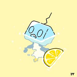  afloat animal_focus bird commentary eiscue eiscue_(ice) food fruit highres ice ice_cube james_turner lemon lemon_slice lemonade looking_up no_humans penguin pokemon pokemon_(creature) signature solo yellow_background 