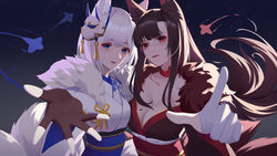  2girls absurdres akagi_(azur_lane) akagi_(plum_and_snow)_(azur_lane) animal_ear_fluff animal_ears azur_lane blue_eyes blue_sash breasts brown_gloves brown_hair brown_kimono cleavage eyeshadow fingerless_gloves fox_ears fox_girl fox_mask fox_tail fur-trimmed_kimono fur_trim gloves highres japanese_clothes kaga_(azur_lane) kaga_(white_fox&#039;s_new_year)_(azur_lane) kan_bu_jian_de_feng kimono kitsune large_breasts long_hair looking_at_viewer makeup mask mask_on_head multiple_girls multiple_tails official_alternate_costume partially_fingerless_gloves red_eyeshadow red_sash sash short_hair tail white_gloves white_hair white_kimono white_tail yukata 