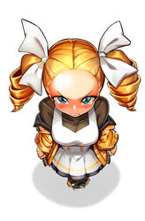  absurdres angry biting_own_lip black_skirt blonde_hair blush clenched_teeth dress drill_hair female forehead from_above full_body ghgnvm green_eyes hair_ribbon highres jacket korean_commentary last_origin looking_at_viewer looking_up mercury_(last_origin) pinafore_dress pink_background pleated_skirt ribbon shadow simple_background skirt sleeveless sleeveless_dress solo standing tears teeth twin_drills twintails v-shaped_eyebrows white_ribbon 