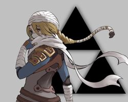  adjusting_clothes adjusting_scarf bandaged_arm bandages blonde_hair braid commentary_request female floating_clothes floating_hair floating_scarf hair_between_eyes hand_up highres long_hair mask mouth_mask nishikuromori pink_eyes scarf sheik single_braid solo the_legend_of_zelda the_legend_of_zelda:_ocarina_of_time triforce turban white_scarf 