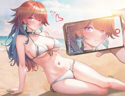  1other arm_support artist_name bare_arms bare_legs bare_shoulders battery_indicator beach bikini blue_hair blush breasts cellphone cleavage closed_mouth clothes_writing commentary earrings english_commentary evening feather_earrings feathers female front-tie_bikini_top front-tie_top gradient_hair halterneck heart highres holding holding_phone hololive hololive_english jewelry large_breasts long_hair looking_at_viewer multicolored_hair navel orange_hair phone purple_eyes sand side-tie_bikini_bottom signature sk_jynx smartphone solo_focus stomach string_bikini sunset swimsuit takanashi_kiara taking_picture virtual_youtuber water white_bikini 