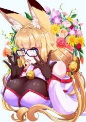  adjusting_eyewear alternate_eyewear amino_dopple animal_ears bad_id bad_pixiv_id bell black-framed_eyewear blonde_hair blue_eyes blunt_bangs blush bouquet breasts detached_sleeves female floral_background flower fox_ears framed_breasts glasses gloves honami_mikura_(amino_dopple) japanese_clothes jingle_bell large_breasts long_hair looking_at_viewer oerba_yun_fang original robe scrunchie solo taut_clothes twintails upper_body wide_sleeves 