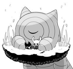  1boy 2others bad_id bad_pixiv_id bardoon bug cloak closed_eyes commentary_request grass greyscale grimmchild hollow_eyes hollow_knight horns knight_(hollow_knight) lying mask monochrome multiple_others no_humans sango_(y1994318) simple_background sitting size_difference sleeping weapon white_background 