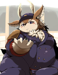  2021 absurd_res anthro belly blush bottomwear brown_body brown_fur clothed clothing deer fur hat headgear headwear hi_res humanoid_hands kazusa kemono male mammal overweight overweight_male pants sitting solo tamacolle yamatoji201 