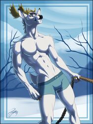  2021 3:4 anthro antlers athletic athletic_anthro athletic_male clothed clothing deer feralise fur hi_res horn male mammal outside pecs plant portrait rope signature snow solo three-quarter_portrait tree underwear underwear_only white_body white_fur yellow_eyes 