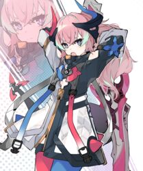  :o absurdres asymmetrical_legwear blue_eyes blue_legwear closed_mouth dress female highres holding holding_sword holding_weapon honkai_(series) honkai_impact_3rd horns long_hair long_sleeves looking_at_viewer mismatched_legwear open_mouth pink_hair pink_legwear retri rozaliya_olenyeva rozaliya_olenyeva_(fervent_tempo) solo sword thighhighs weapon white_background white_dress 