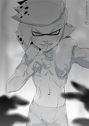  1boy blurry bulge depth_of_field emperor_(splatoon) finger_to_mouth greyscale inkling inkling_boy inkling_player_character jinkoika kabedon kabedon_on_viewer looking_at_viewer male_focus monochrome navel no_nipples pov shushing smile solo_focus splatoon_(manga) splatoon_(series) tentacle_hair toned toned_male towel towel_around_neck twitter_username 