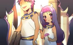  1boy aged_down carimarica dark-skinned_female dark_skin facial_mark fate/grand_order fate_(series) female flower lolicon long_hair nitocris_(fate) purple_eyes purple_hair usekh_collar 