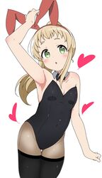  absurdres animal_ears arm_up armpits bare_shoulders black_legwear black_leotard blonde_hair blush breasts choker collarbone commentary_request covered_navel fake_animal_ears female green_eyes groin highres inose_mai koisuru_asteroid leotard long_hair looking_at_viewer open_mouth pantyhose playboy_bunny ponytail rabbit_ears riyo_(aokiwazumi) shiny_skin simple_background small_breasts solo thighhighs thighhighs_over_pantyhose white_background 