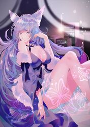  absurdres animal_ear_fluff animal_ears ass azur_lane blue_collar blue_dress breasts cityscape cleavage collar dress evening_gown feather_boa feet_out_of_frame female fox_ears fox_girl halter_dress halterneck hand_in_own_hair highres kitsune kyuubi large_breasts large_tail long_hair looking_at_viewer multiple_tails official_alternate_costume purple_eyes shinano_(azur_lane) shinano_(dreams_of_the_hazy_moon)_(azur_lane) sitting sleeveless sleeveless_dress solo tail two-tone_dress very_long_hair white_dress white_tail xiongshouji 