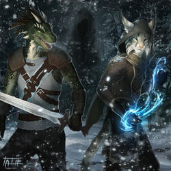  1:1 2021 anthro argonian clothed clothing digital_media_(artwork) duo felid feline fur grey_body grey_fur hair hi_res horn khajiit lizard lynx magic magic_user male mammal microsoft open_mouth reptile scalie smile tatiilange teeth the_elder_scrolls tongue whiskers 