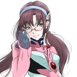  adjusting_eyewear bambi_surprise blue_eyes bodysuit breasts brown_hair female glasses headband highres interface_headset long_hair looking_at_viewer makinami_mari_illustrious neon_genesis_evangelion pink_bodysuit plugsuit rebuild_of_evangelion red-framed_eyewear semi-rimless_eyewear small_breasts solo twintails under-rim_eyewear upper_body white_background 