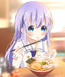  blue_eyes blue_hair blurry blurry_background blush bowl chopsticks commentary_request eating female food gochuumon_wa_usagi_desu_ka? hair_between_eyes hair_ornament holding holding_chopsticks holding_spoon kafuu_chino kafuu_chino&#039;s_school_uniform kamaboko long_hair looking_at_viewer meandros mozukun43 narutomaki noodles ramen school_uniform shirt short_sleeves solo spoon twitter_username white_shirt x_hair_ornament 