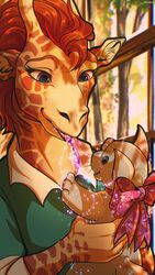  anthro blouse breath clothing female giraffe giraffid happy hi_res legend_of_ahya magic mammal marle_talbender_(darkflamewolf) neck_bow plant plushie ribbons skiaskai solo topwear toy tree 