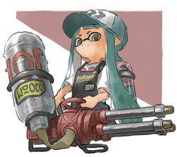  apron aqua_hair baseball_cap black_apron closed_mouth female hat hydra_splatling_(splatoon) ink_tank_(splatoon) inkling inkling_girl inkling_player_character long_hair name_tag nishikuromori pointy_ears shirt short_sleeves smile solo splatoon_(series) splatoon_2 t-shirt tentacle_hair very_long_hair white_shirt yellow_eyes 