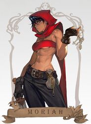  abs bandeau belt belt_pouch black_gloves black_hair black_pants blue_eyes breasts character_name cleavage closed_mouth commentary contrapposto cowboy_shot dagger dark-skinned_female dark_skin drawstring_bag dungeons_&amp;_dragons dungeons_&amp;_dragons:_shadow_over_mystara earrings english_commentary expressionless eyelashes female fingerless_gloves gloves grey_background hair_between_eyes highres holding holding_dagger holding_knife holding_weapon hoop_earrings jewelry key keyring knife looking_at_viewer medium_breasts midriff moriah morry navel necklace obliques pants pouch red_hood short_hair simple_background solo strapless toned tube_top underboob weapon 