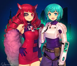  2girls :d animal_ears armor artificial_eye blunt_bangs blush cat_ears cat_girl closed_mouth drill_hair green_hair grey_hair lips long_hair looking_at_viewer mechanical_eye mitake_eil multiple_girls open_mouth quad_drills red_eyes red_hair sei_asagiri short_hair smile stella_hoshii twitter_username va-11_hall-a 