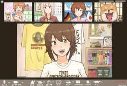  &gt;_&lt; aged_down akaboshi_koume alligator anglerfish artist_name bedroom birthday blue_eyes boko_(girls_und_panzer) boko_(girls_und_panzer)_(cosplay) book brown_eyes brown_hair calendar_(object) canine casual character_name chest_of_drawers closed_mouth clothes_writing cloud cloudy_sky commentary cosplay crocodilian dated drawing drawing_(object) dress_shirt fish german_flag german_text girls_und_panzer grey_hair hands_on_own_chest happy happy_birthday highres indoors itsumi_erika japanese_flag kaisoku_hirosuko looking_at_viewer manga_(object) medium_hair military military_vehicle model_tank motor_vehicle nishizumi_maho nishizumi_miho nishizumi_shiho nishizumi_tsuneo ooarai_(ibaraki) open_mouth outdoors partially_translated party_popper pink_shirt portrait_(object) red_shirt romaji_text shiba_inu shirt short_hair short_sleeves shouji signature sky sliding_doors smile stuffed_animal stuffed_toy t-shirt tank teddy_bear tiger_i torii translation_request white_shirt wing_collar yellow_shirt zoom_chat 