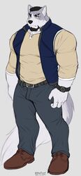  2019 anthro artist_name belt black_hair blue_bottomwear blue_clothing blue_jeans blue_pants blue_topwear blue_vest bottomwear brown_clothing brown_footwear brown_shoes canid canine canis claws clock clothing dated denim denim_bottomwear denim_clothing dhanisani eye_scar facial_hair facial_scar finger_claws footwear fur goatee grey_body grey_fur hair hi_res jeans long_sleeves male mammal multicolored_body multicolored_fur muscular muscular_anthro muscular_male pants richard_mcgrath scar shirt shoes solo stern_look topwear twitter_handle two_tone_body two_tone_fur vest watch white_body white_fur wolf wristwatch yellow_clothing yellow_shirt yellow_topwear 