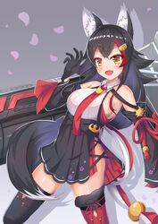  animal_ears azur_lane black_hair breasts cocoasabure commentary_request female highres hololive large_breasts long_hair looking_at_viewer multicolored_hair oerba_yun_fang ookami_mio open_mouth red_hair sideboob simple_background solo streaked_hair tail tail_around_own_leg tail_wrap thighhighs virtual_youtuber wolf_ears wolf_girl wolf_tail yellow_eyes 