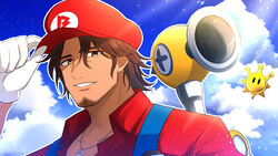  1boy arm_up belmond_banderas blue_sky brown_eyes brown_hair cabbie_hat choco_(chocovix112) cloud cloudy_sky collared_shirt commentary_request cosplay day eyebrows_hidden_by_hair f.l.u.d.d. gloves hand_on_headwear hat highres looking_at_viewer male_focus mario mario_(cosplay) mario_(series) nijisanji outdoors parted_bangs parted_lips red_hat red_shirt shine_sprite shirt sky smile solo super_mario_sunshine suspenders thick_eyebrows upper_body virtual_youtuber white_gloves 