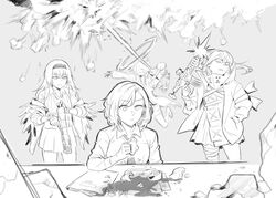  4girls ar-15 banana_(girls&#039;_frontline) broken_cup closed_eyes closed_mouth collared_shirt dinergate_(girls&#039;_frontline) female_commander_(girls&#039;_frontline) firing girls&#039;_frontline greyscale griffin_&amp;_kryuger_military_uniform gun hand_in_pocket highres holding holding_gun holding_weapon jacket long_hair long_sleeves m4_sopmod_ii_(girls&#039;_frontline) m4_sopmod_ii_(mod3)_(girls&#039;_frontline) maiqo monochrome multiple_girls non-humanoid_robot open_clothes open_jacket rifle robot scar scar_on_neck shirt short_hair skirt smile st_ar-15_(girls&#039;_frontline) st_ar-15_(mod3)_(girls&#039;_frontline) thunder_(girls&#039;_frontline) weapon 