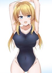  ahoge armpits arms_up bad_id bad_pixiv_id black_one-piece_swimsuit blonde_hair blue_eyes breasts commentary competition_swimsuit covered_navel cowboy_shot female gradient_background hachimiya_meguru highres idolmaster idolmaster_shiny_colors kousi_sirazawa large_breasts looking_at_viewer low_twintails one-piece_swimsuit smile solo standing swimsuit twintails white_background 