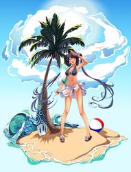  :o absurdres bad_link ball bare_shoulders beachball bikini bird black_bikini blue_eyes blunt_bangs breasts day double_bun fate/grand_order fate_(series) female full_body hair_bun hair_rings highres innertube long_hair looking_at_viewer nano_(nanojyaa) navel outdoors palm_tree purple_hair salute sand sandals seagull solo standing surfboard swim_ring swimsuit tree twintails water yang_guifei_(fate) 