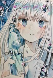  air_bubble artist_name blue_background blue_eyes blue_sailor_collar blue_theme blush bottle bright_pupils bubble closed_mouth commentary eyes_visible_through_hair female hand_up holding holding_bottle limited_palette long_hair looking_at_viewer original pale_skin ramune sailor_collar solo split_mouth sutera_sea symbol-only_commentary traditional_media white_hair white_pupils 