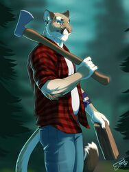  2020 3:4 anthro arm_tuft axe bottomwear clothed clothing cougar elbow_tuft felid feline feralise forest fur green_eyes hi_res holding_axe holding_object male mammal melee_weapon outside pants pattern_clothing pattern_shirt pattern_topwear pinup plaid plaid_clothing plaid_shirt plaid_topwear plant portrait pose shirt solo standing tan_body tan_fur three-quarter_portrait topwear tree tuft weapon whiskers 