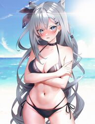  artist_name beach bikini black_bikini black_collar black_nails blue_eyes braid braided_bangs breasts cleavage collar cone_hair_bun contrapposto cowboy_shot crossed_arms day double_bun earrings female grey_hair hair_between_eyes hair_bun hair_ornament hairclip halterneck highres hololive hololive_indonesia jewelry long_hair looking_at_viewer medium_breasts multi-strapped_bikini navel ocean open_mouth outdoors side-tie_bikini_bottom sk_jynx skindentation sky solo stomach string_bikini stud_earrings sun swimsuit vestia_zeta virtual_youtuber water 