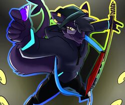  anthro beanie black_body black_fur clothing eyewear fur glasses guitar guitar_pick hat headgear headwear hi_res hybrid kittycat_laz male musical_instrument plucked_string_instrument simple_background solo string_instrument topazknight yellow_eyes 