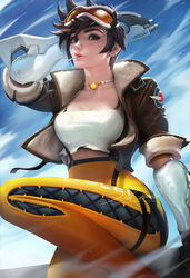  1girls breasts choker clothed earrings female_only freckles human looking_at_viewer overflow overwatch realistic sakimichan short_hair standing text tracer tumblr url watermark 