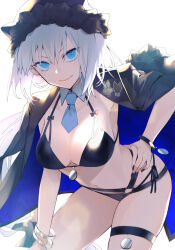  animal_ears backlighting bikini black_bikini black_hat black_jacket blue_eyes bracelet breasts cat_ears cat_girl cleavage detached_collar dobrynya_nikitich_(fate) dobrynya_nikitich_(swimsuit_lancer)_(fate) dobrynya_nikitich_(swimsuit_lancer)_(first_ascension)_(fate) fate/grand_order fate_(series) female fur-trimmed_headwear fur_trim hat highres jacket jacket_on_shoulders jewelry large_breasts long_hair looking_at_viewer navel necktie revision smile solo swimsuit thighs tia_(cocorosso) white_hair 