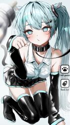  all_fours animal_ears aqua_eyes aqua_hair aqua_necktie baby_bottle bare_shoulders black_footwear blurry blurry_foreground boots bottle cat_ears collar collarbone collared_shirt commentary depth_of_field female hair_ornament hairclip hatsune_miku heart heart-shaped_pupils kemonomimi_mode leash long_hair necktie paw_pose shirt shirubaa sleeveless sleeveless_shirt solo symbol-shaped_pupils thigh_boots thigh_gap thighs twintails very_long_hair viewer_holding_leash vocaloid white_shirt zettai_ryouiki 