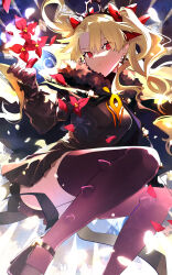  absurdres black_cape black_dress black_gloves black_thighhighs blonde_hair breasts cape dark-skinned_female dark_skin dress earrings ereshkigal_(fate) ereshkigal_alter_(fate) fate/grand_order fate_(series) female flower fur-trimmed_cape fur_trim gloves hair_ribbon highres jewelry long_hair long_sleeves looking_at_viewer medium_breasts parted_bangs red_eyes ribbon solo thighhighs thighs tia_(cocorosso) tiara two_side_up 