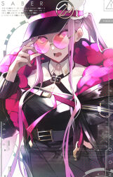  absurdres belt black_dress black_hat black_jacket breasts collared_shirt dress fate/grand_order fate_(series) female fur-trimmed_headwear fur_trim glasses hat highres jacket large_breasts long_hair long_sleeves looking_at_viewer medusa_(fate) medusa_(saber)_(fate) medusa_(saber)_(first_ascension)_(fate) open_mouth parted_bangs pink-tinted_eyewear purple_eyes purple_hair round_eyewear shirt sidelocks solo tia_(cocorosso) tinted_eyewear twintails very_long_hair white_shirt 