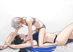  2girls black_hair blue_hair blush bra breasts ear_piercing english_commentary height_difference highres hiramedousa large_breasts long_hair looking_at_another lying multicolored_hair multiple_girls nail_polish navel_piercing on_back orange_hair original panties piercing short_hair size_difference small_breasts sports_bra tall_female underwear yuri 