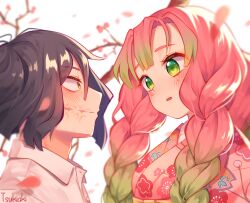  1boy absurdres black_hair blush braid breasts closed_mouth female floral_print_kimono gradient_hair green_eyes green_hair highres iguro_obanai japanese_clothes kanroji_mitsuri kimetsu_no_yaiba kimono long_hair mole mole_under_eye multicolored_hair open_mouth pink_hair pink_kimono scar shirt short_hair tsukiaki_teriyaki white_shirt yellow_eyes 