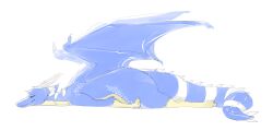  aishasoup ambiguous_gender blue_body dragon feral horn inner_ear_fluff lying mythological_creature mythological_scalie mythology on_front scalie simple_background solo teal_eyes tuft white_background wings yellow_body 